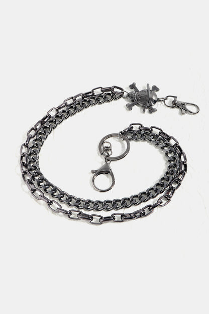 Double layer alloy wallet chain with skull and crossbones detail and lobster claw clasps, 14.5 and 17.3 inches long