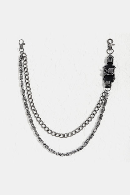 Silver alloy skull link wallet chain with two different chain styles and lobster clasp closures on white background