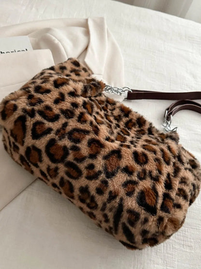 Large leopard print shoulder bag made of soft faux fur with a durable polyester strap for stylish everyday use