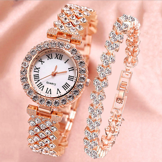 Women’s Gold Diamond-Encrusted Watch and Matching Bracelet