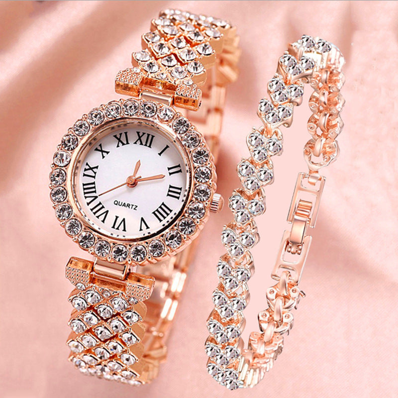 Women’s Gold Diamond-Encrusted Watch and Matching Bracelet