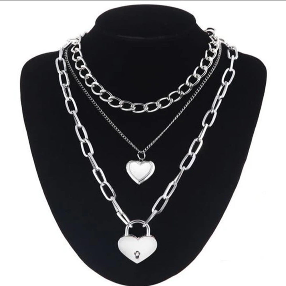 Wokens heart Locket multi stacked silver chain 