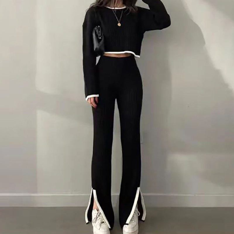 Women's Casual Two Piece Long Sleeve Crop Top With Slim Slit Pants Set
