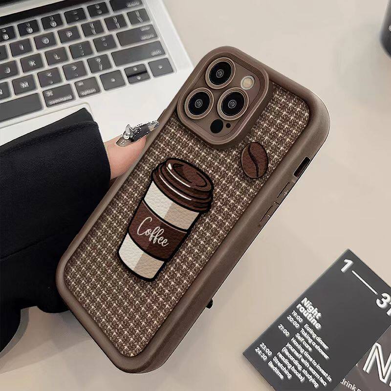 Funda para teléfono con diseño de cuadros y cordón estilo café