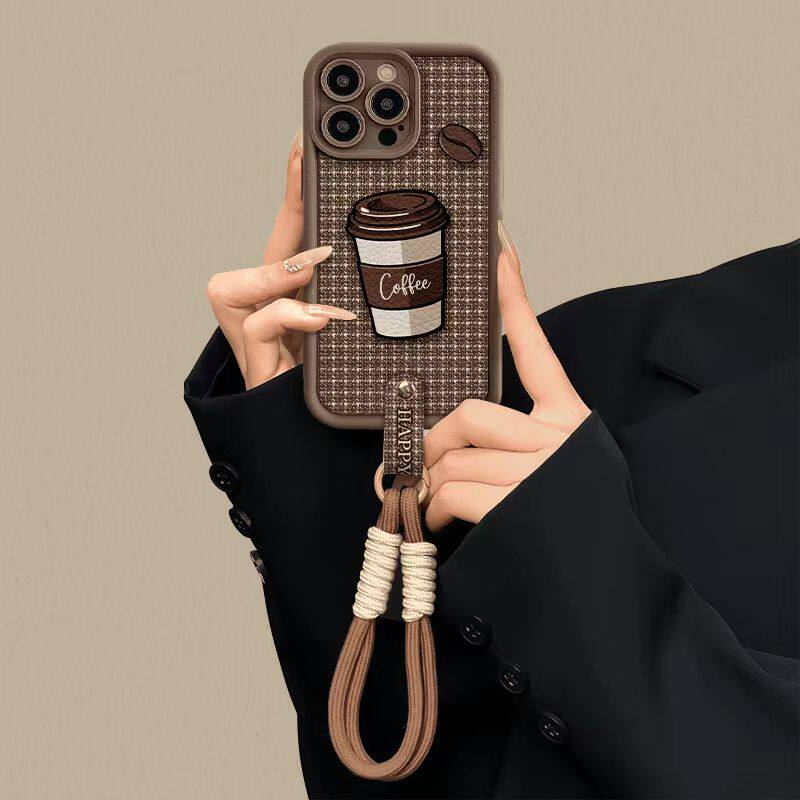 Funda para teléfono con diseño de cuadros y cordón estilo café