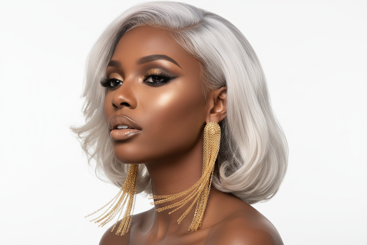 Black model with platinum blonde hair and gold chain dangle earrings
