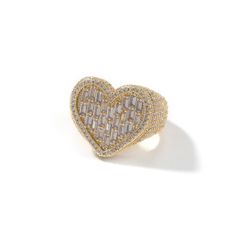 Sweet Heart Love Ring featuring high-quality CZ baguette stones in a bold heart shape, available in gold.
