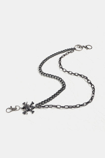 Double layer alloy wallet chain with skull and crossbones charm for edgy fashion accessories, 14.5 and 17.3 inches long.