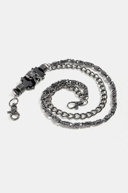 Silver alloy skull link wallet chain with clasp for attaching to belt or wallet, measuring 16 to 19.7 inches long