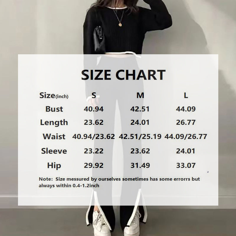 Women's Casual Two Piece Long Sleeve Crop Top With Slim Slit Pants Set