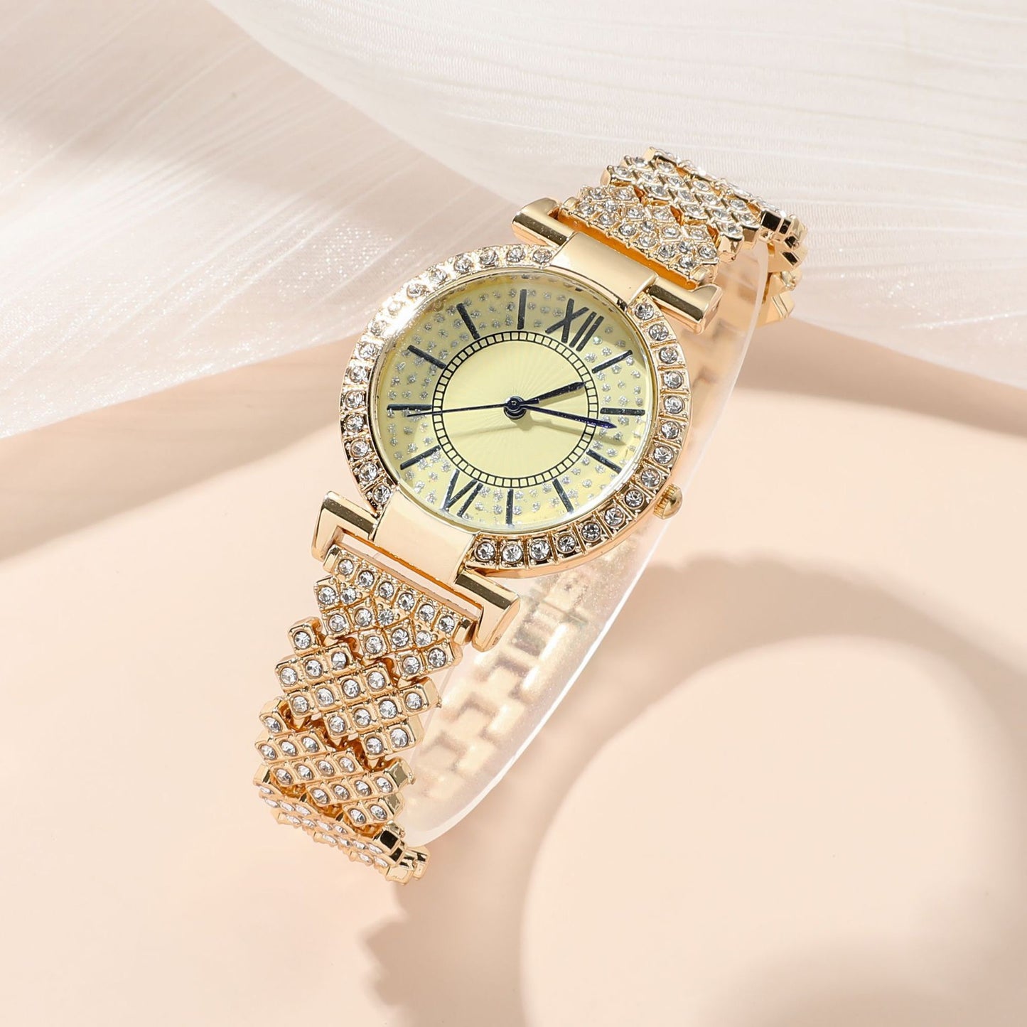 Full Diamond Women's Luxury Elegant Gold Watch & Bracelet Set