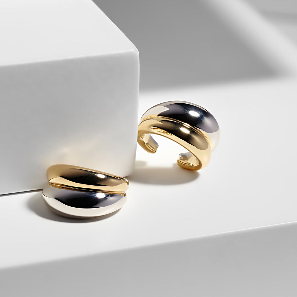 18K Gold And Silver Double C- Shaped Glossy Ear Clip