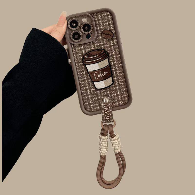 Funda para teléfono con diseño de cuadros y cordón estilo café