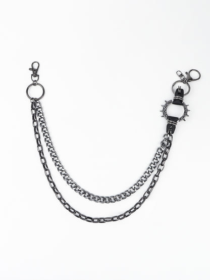 Double chain link wallet chain made of black aluminum with clasp and spiked leather ring detail, 13.8 to 17.7 inches long.