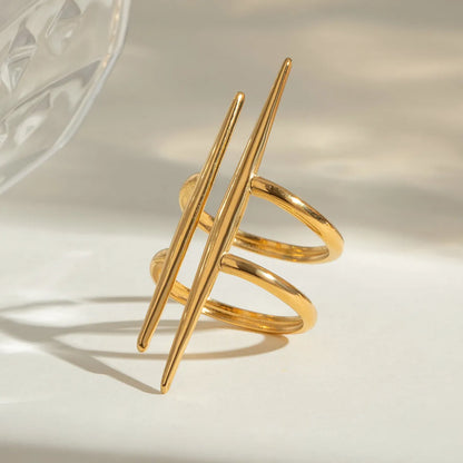 Gold-plated stainless steel ring with an elegant asymmetrical double band design, perfect for modern fashion styles.