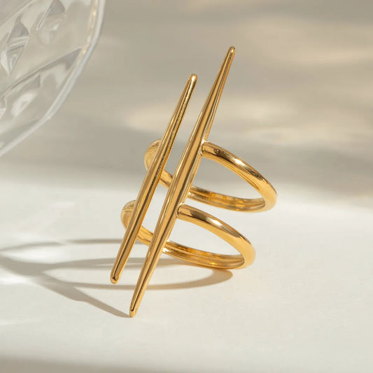 Gold-plated stainless steel ring with an elegant asymmetrical double band design, perfect for modern fashion styles.
