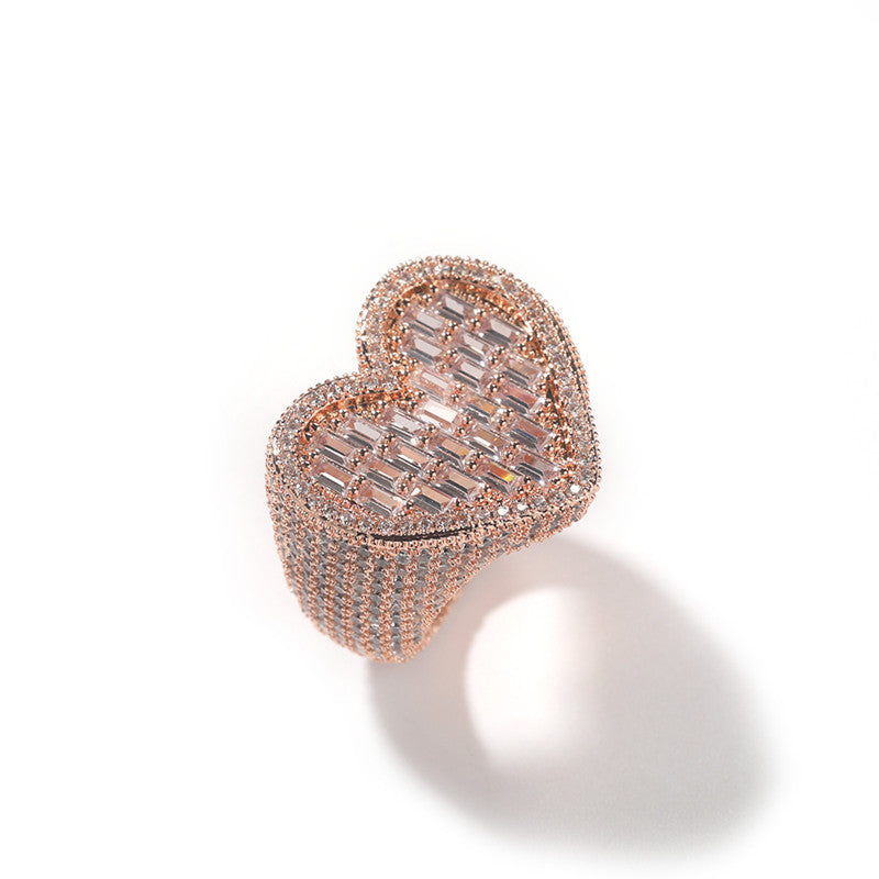 Sweet Heart Love Ring in rose gold with cubic zirconia baguette stones for women, available in multiple sizes.