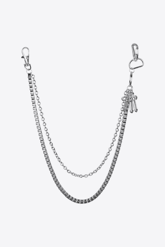 Double-layered silver iron wallet chain with clasps and keyring, measuring 15.7 and 19.7 inches in length