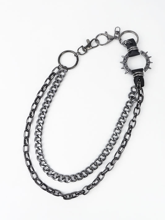 Double chain link wallet chain in aluminum with metal rings and spiked leather detail, measuring 13.8 to 17.7 inches.